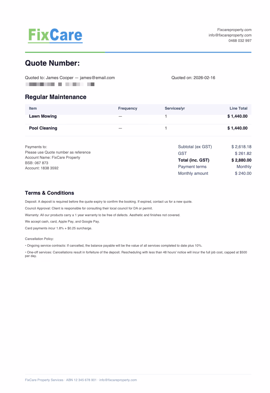 FixCare branded quote PDF with line items, GST breakdown, and terms and conditions