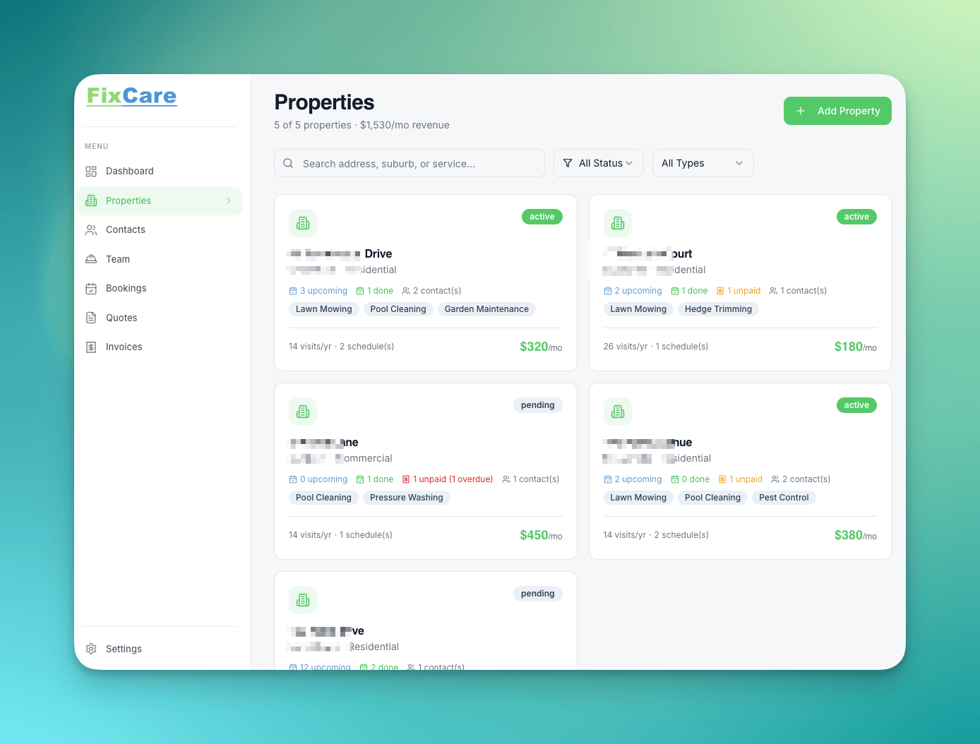 FixCare properties management screen showing active property cards with services and revenue