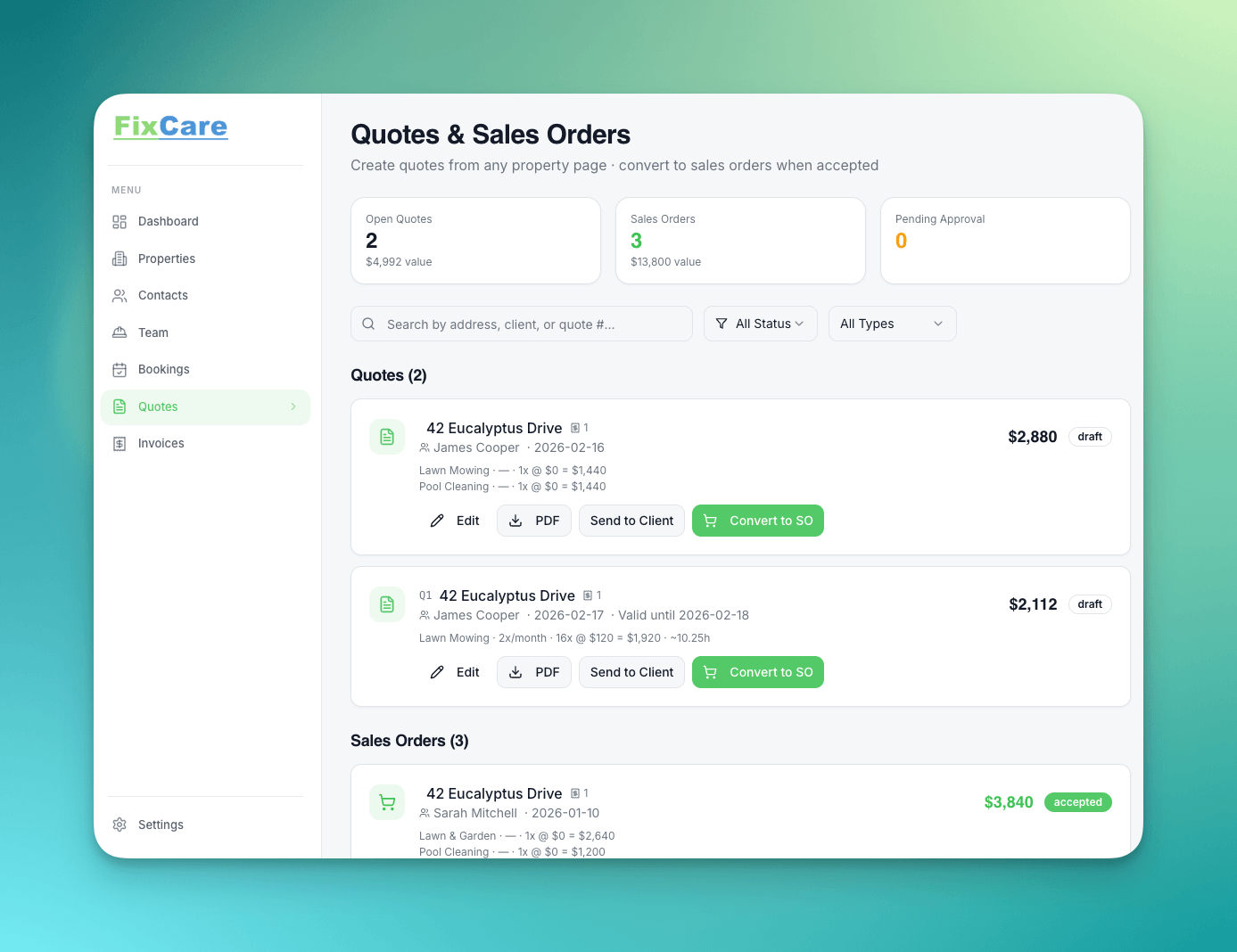 FixCare quotes and sales orders management screen
