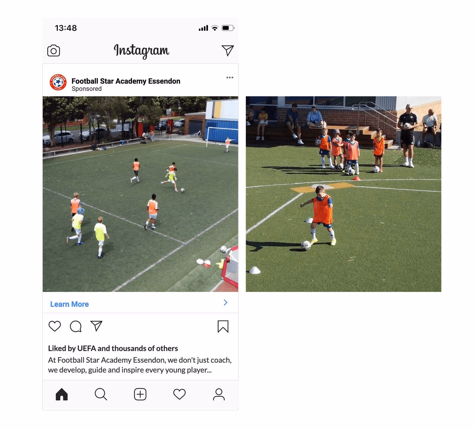 Football Star Academy Essendon sponsored Instagram ad showing young players in training bibs during coaching session liked by UEFA