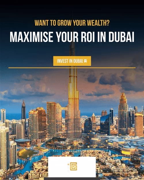 Globex Real Estate Dubai property investment ad with panoramic Dubai skyline and want to grow your wealth maximise your ROI messaging