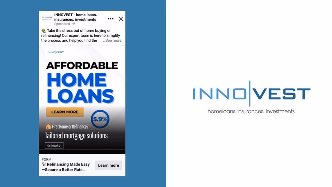 Innovest NZ Facebook ad for affordable home loans and refinancing with 5.9 percent rate and tailored mortgage solutions