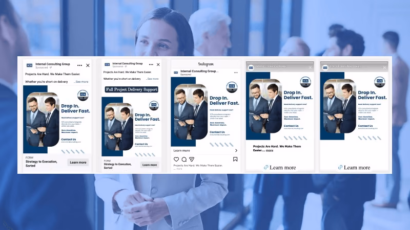 Internal Consulting Group social ad campaigns across placements