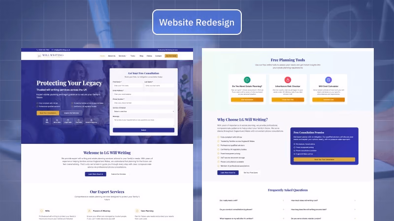 LG Will Writing website redesign with consultation form and planning tools