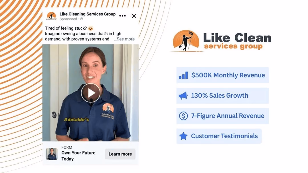 Like Cleaning Services Group Facebook UGC ad featuring franchise owner in uniform with own your future today call to action and 500K monthly revenue stats