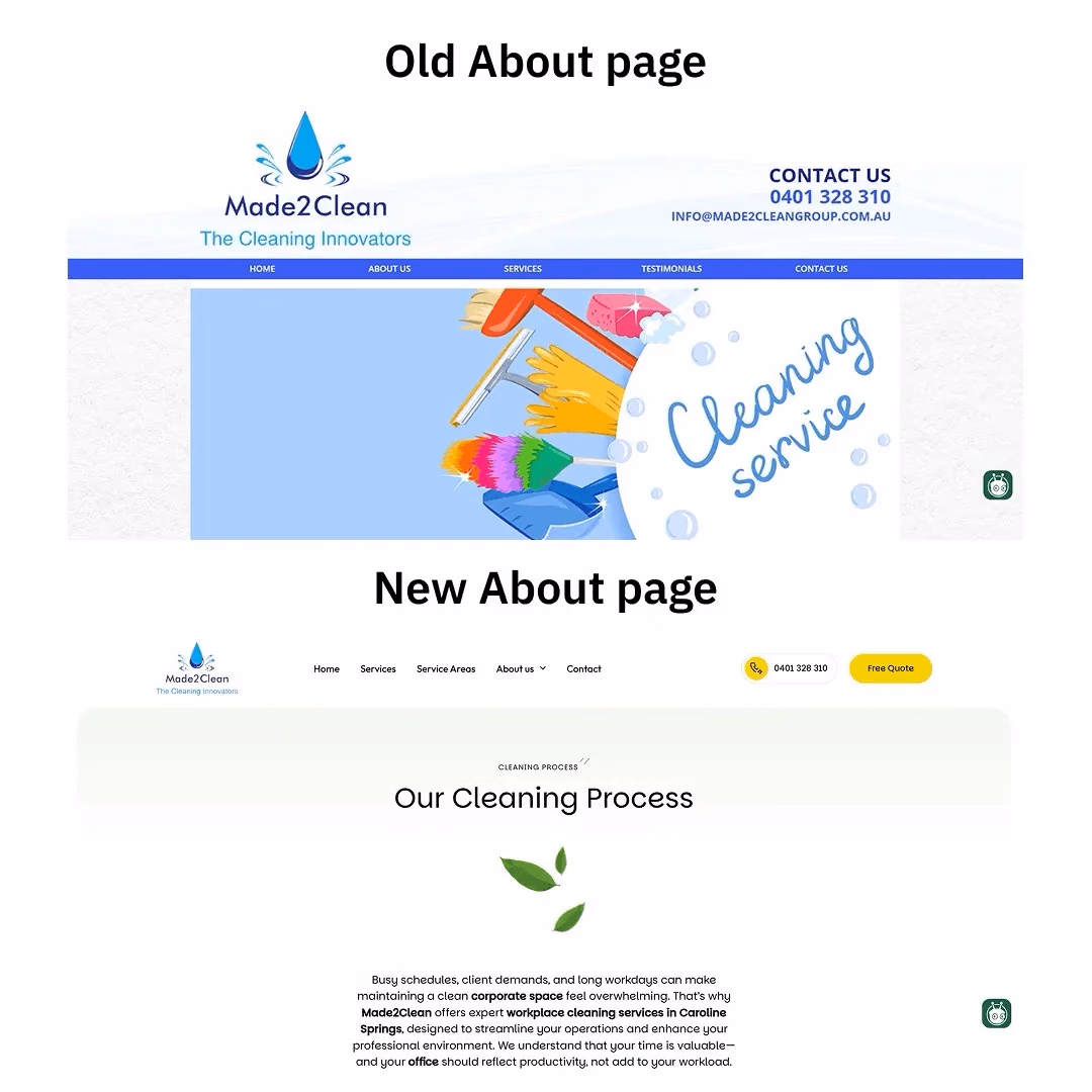 Made2Clean old about page compared to new cleaning process page with eco-friendly messaging and professional content structure