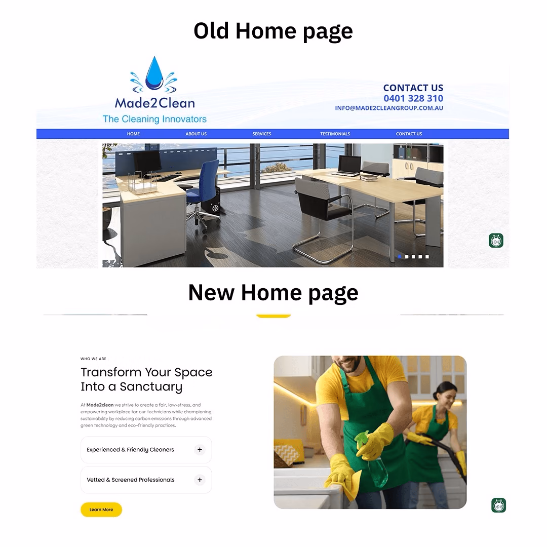 Made2Clean old homepage compared to new redesigned homepage with transform your space messaging and professional cleaning imagery