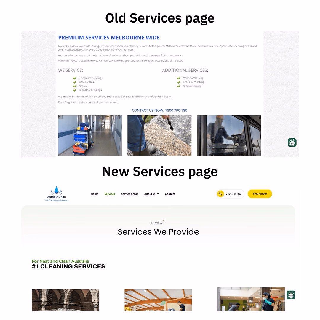Made2Clean old services page compared to new structured services page with individual service cards and free quote CTA