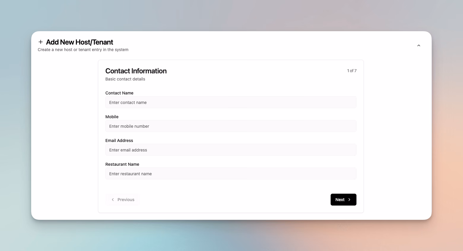 Msaha guided multi-step form for adding new hosts and tenants with contact, location, and business information