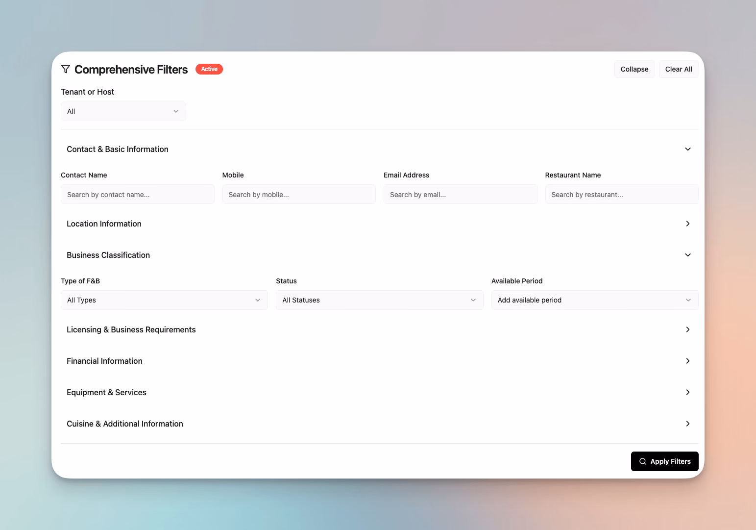 Msaha comprehensive filters panel with contact, location, business classification, and equipment search options