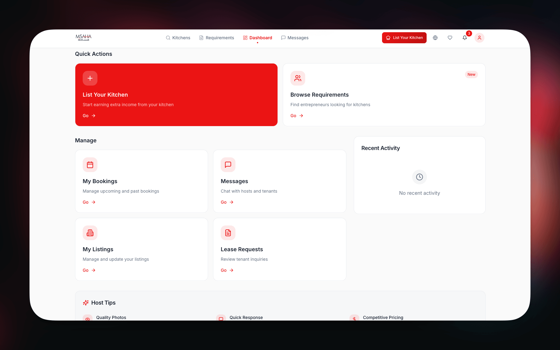 Msaha dashboard with quick actions, management modules for bookings, messages, listings, and lease requests