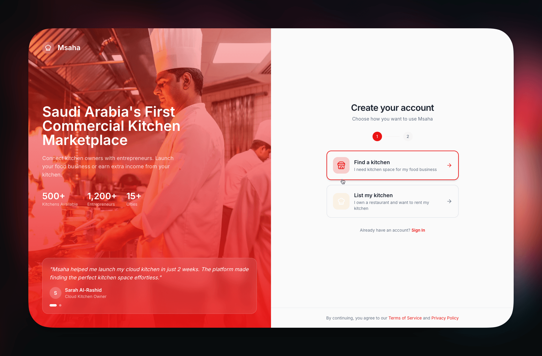 Msaha - Two-Sided Commercial Kitchen Marketplace for Saudi Arabia