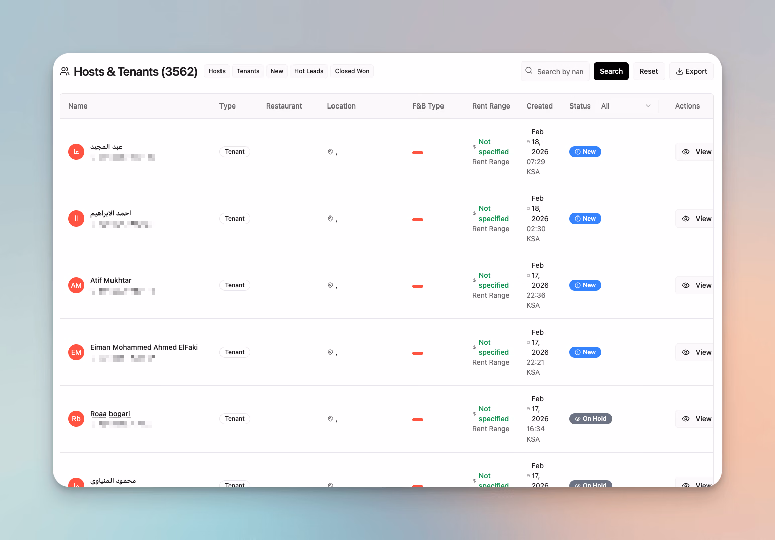 Msaha hosts and tenants management list with status filters, search, and export functionality