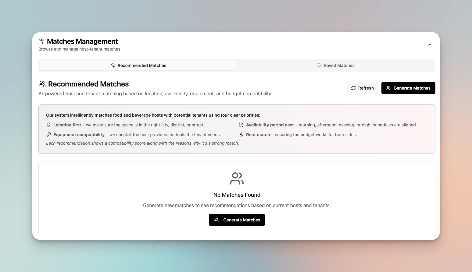 Msaha AI-powered matches management showing recommended matches with location, availability, equipment, and budget compatibility