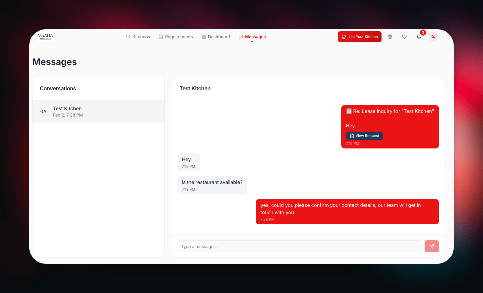 Msaha in-app messaging system showing conversation threads tied to specific kitchen lease enquiries