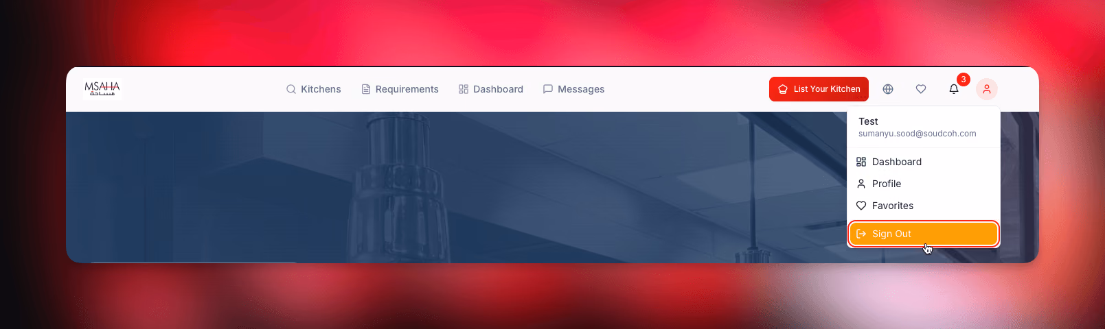 Msaha web app navigation with role-based features including Kitchens, Requirements, Dashboard, and Messages