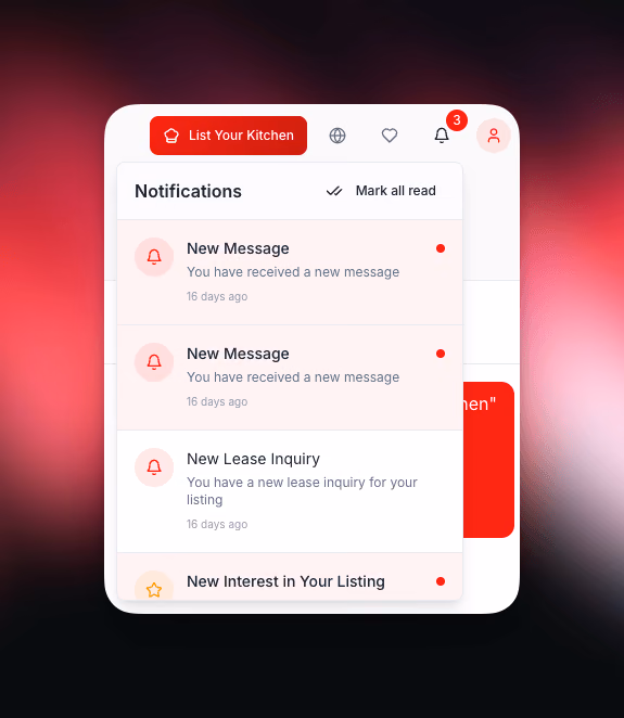 Msaha notification centre showing new messages, lease inquiries, and listing interest alerts