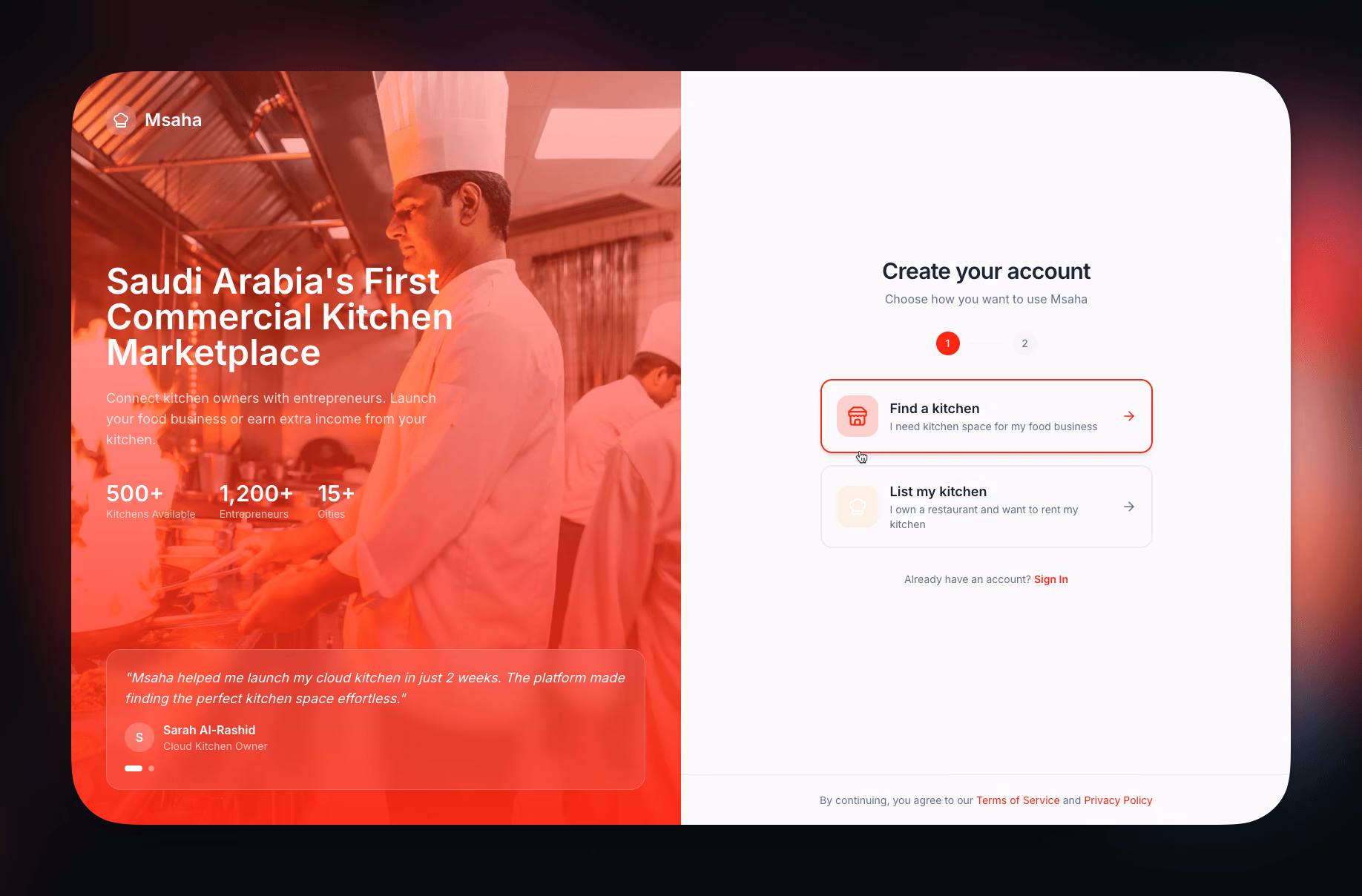 Msaha role-based signup flow for kitchen owners and food entrepreneurs