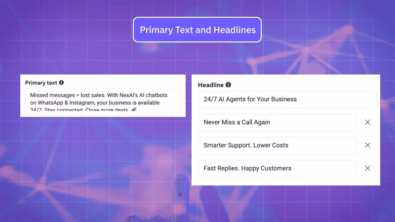 NexAI ad headlines and primary text