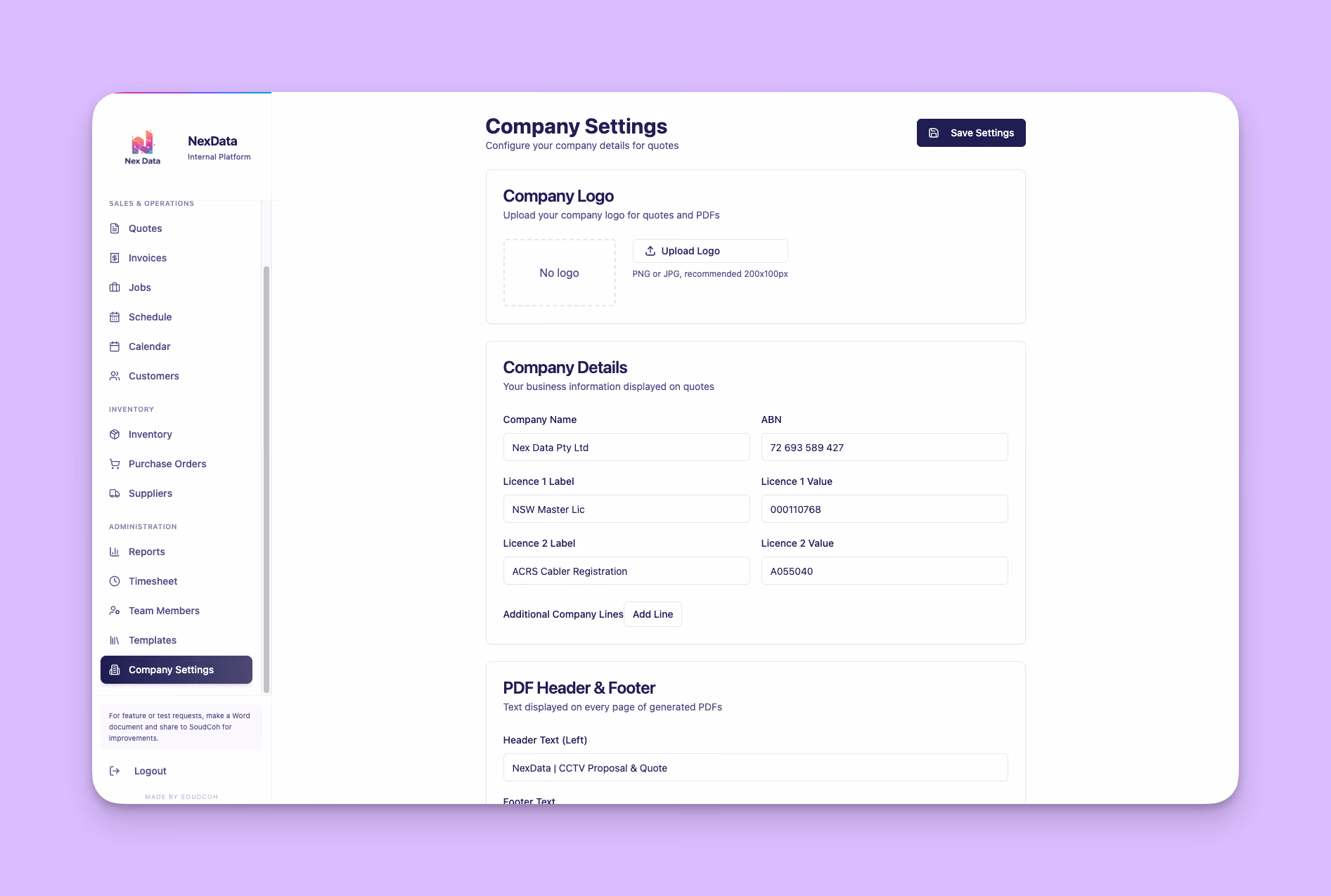 NexData company settings showing logo upload, ABN, licence fields, and PDF header footer configuration