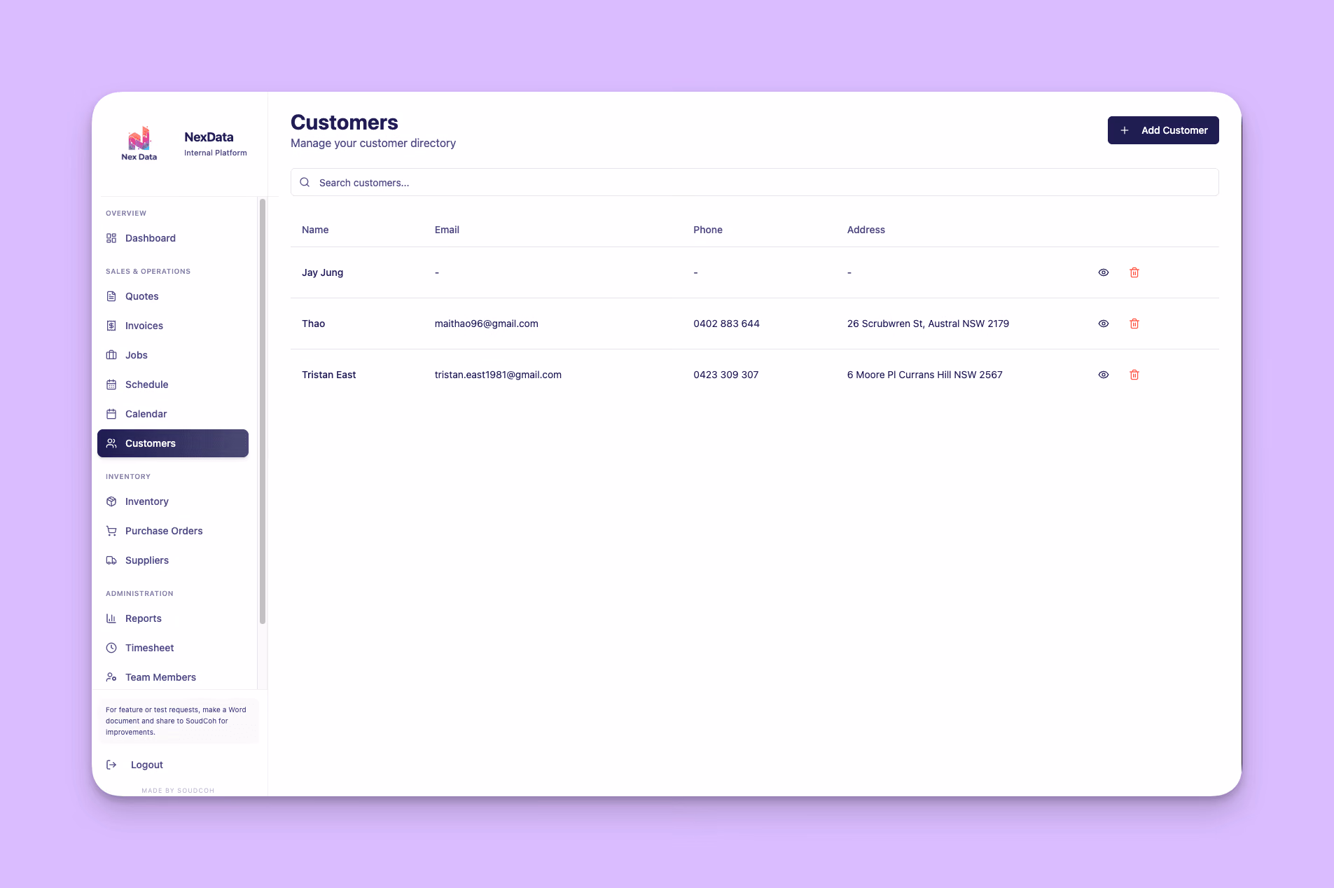 NexData customer directory with search, name, email, phone, and address columns