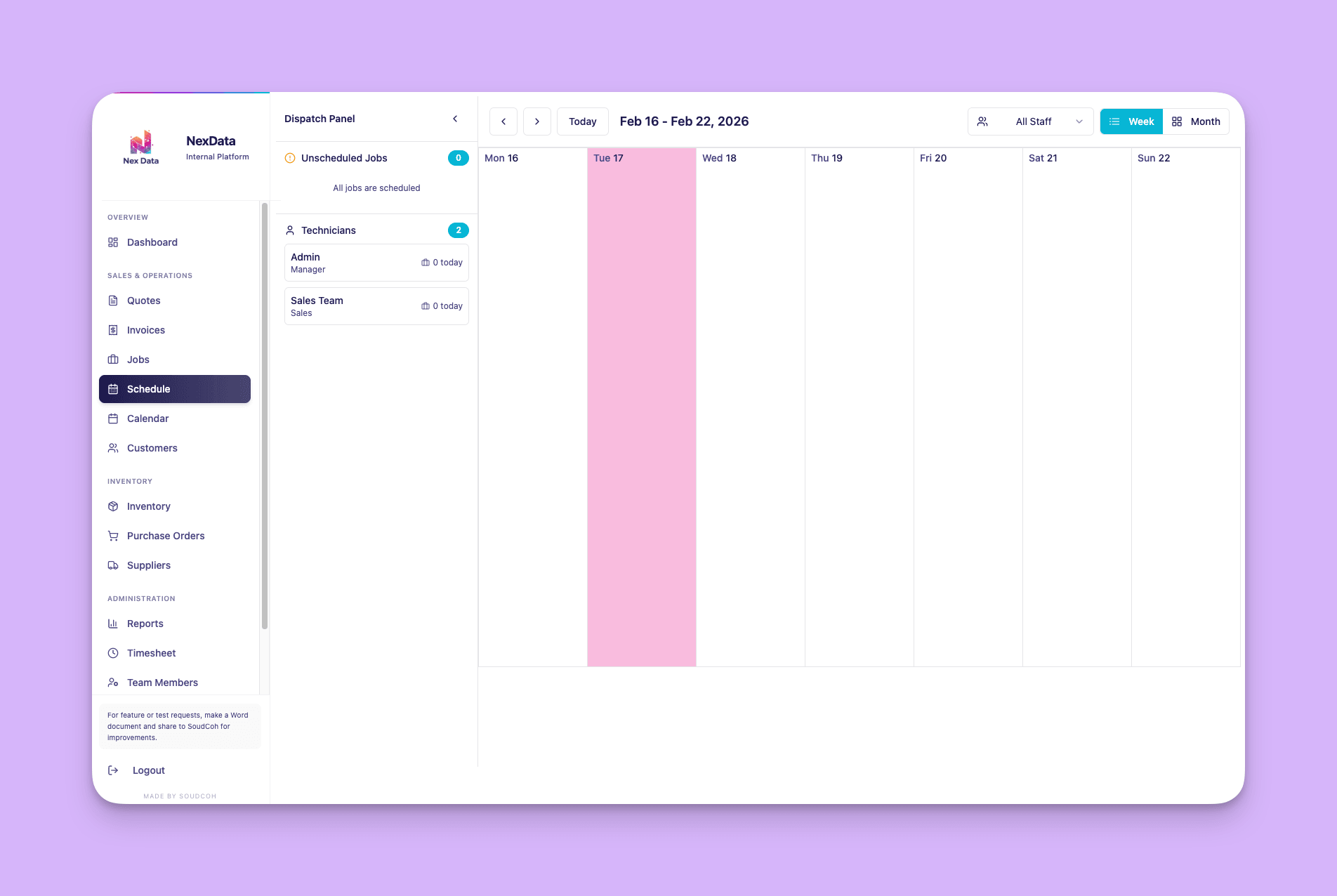 NexData dispatch panel with weekly calendar view, unscheduled jobs count, and technician list