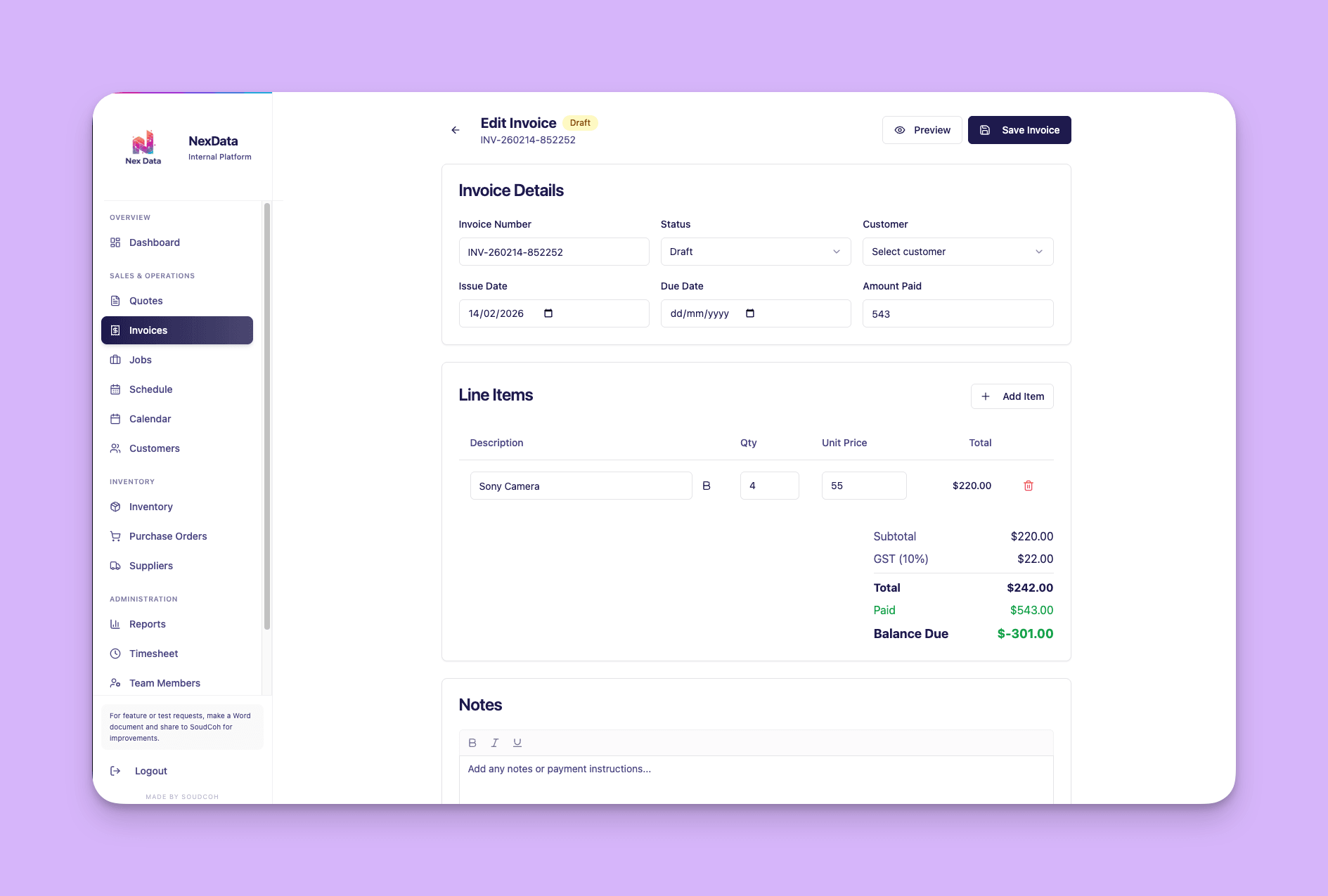 NexData Internal Platform: Custom Operations System for Quoting, Invoicing & Dispatch