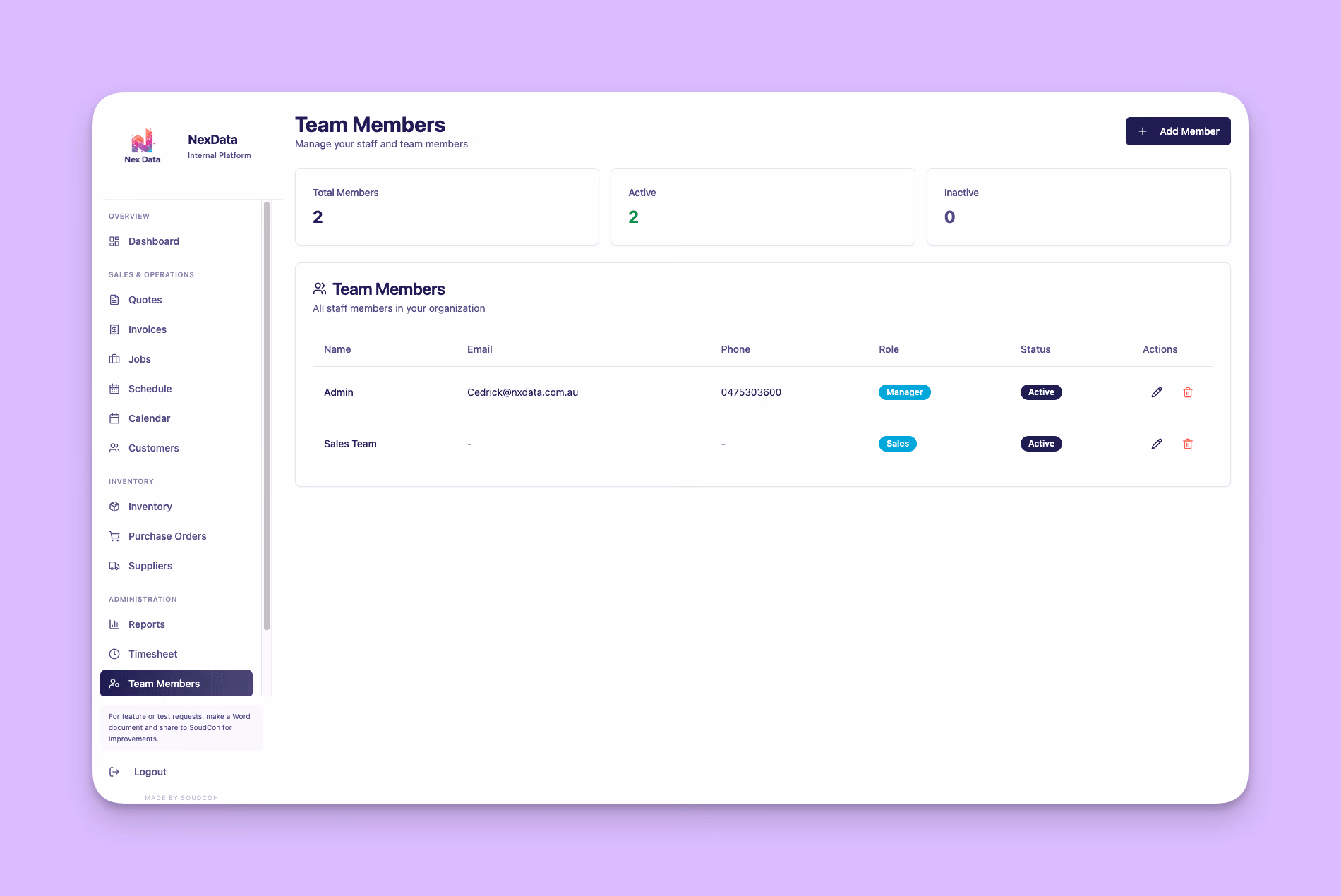 NexData team members management screen showing roles, active status, and action controls