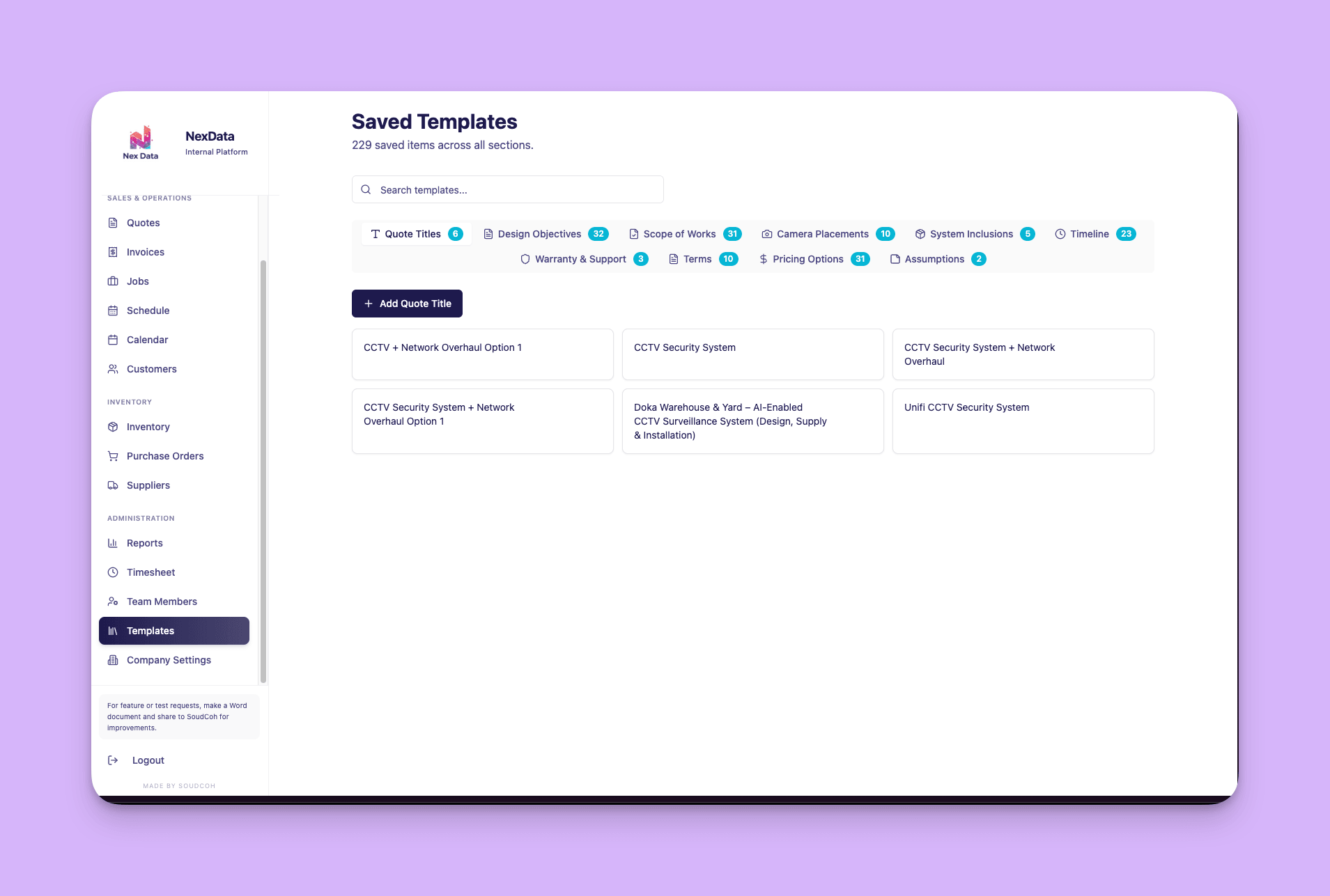 NexData templates library showing 229 saved items across categories including scope of works, pricing options, and terms