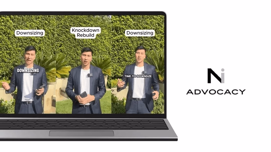 Ni Advocacy video ad creatives showing Kevin presenting downsizing and knockdown rebuild property content across multiple formats