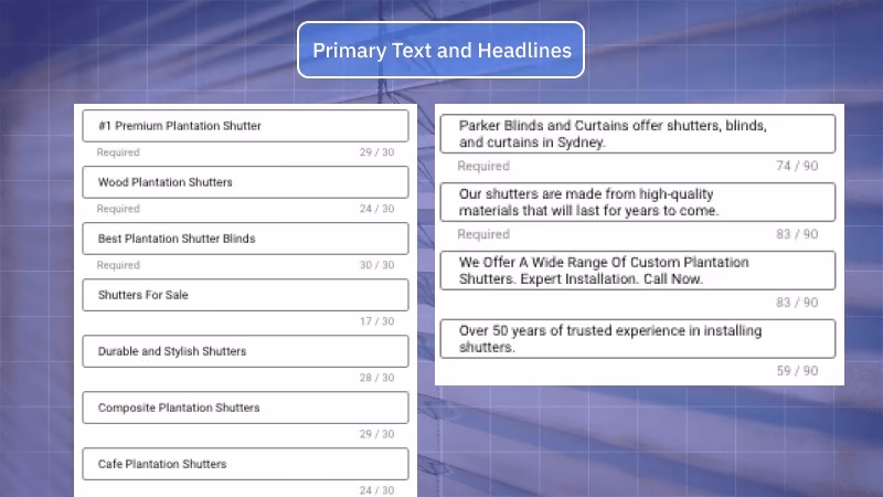 Parker Blinds ad headlines and primary text
