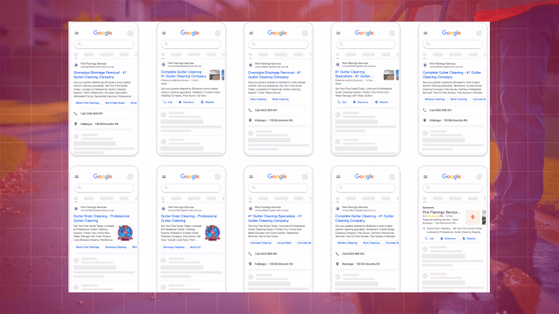 Pink Flamingo Services Google search ad previews showing responsive search ads across gutter cleaning and pressure washing keywords