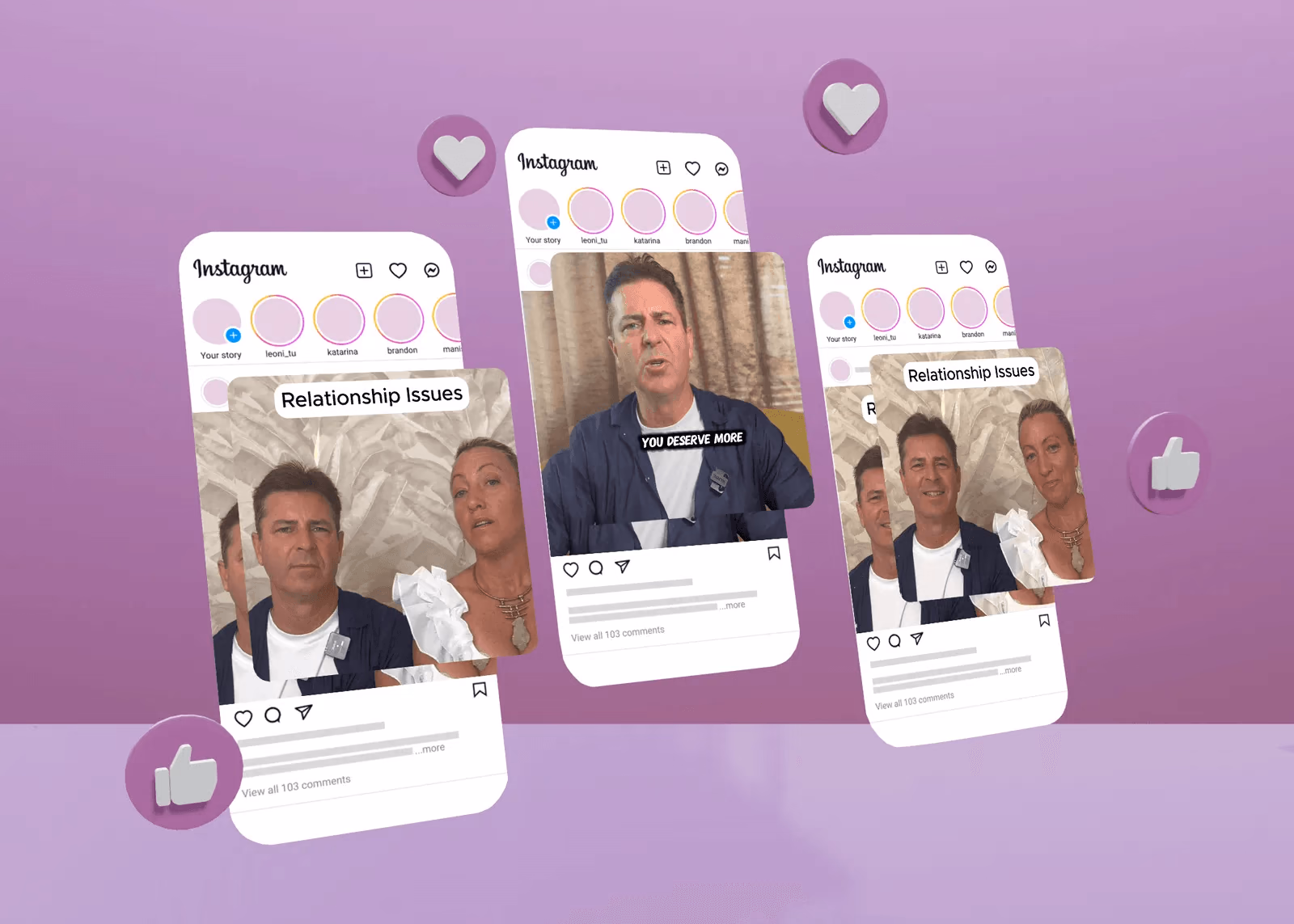 Relationship Warrior Instagram ad creatives showing Scott and Britta discussing relationship issues and you deserve more messaging across multiple mobile device mockups