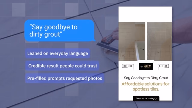 Renew Tile and Grout Restoration Facebook ad creative showing before and after tile transformation with Messenger CTA