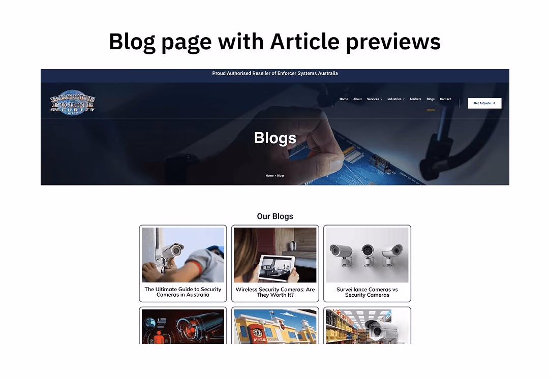 Rescue Force Security blog page with article preview cards covering security camera guides and surveillance topics