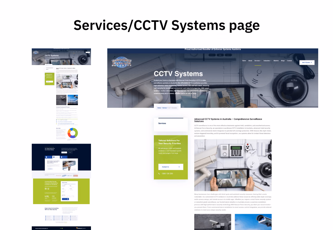Rescue Force Security CCTV Systems service page with full-width hero comprehensive content and tailored solutions sidebar