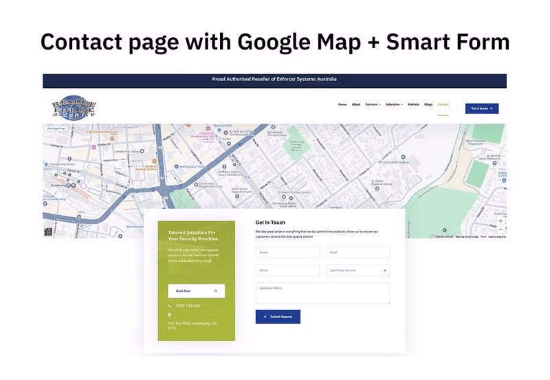 Rescue Force Security contact page with embedded Google Map smart enquiry form and book now CTA