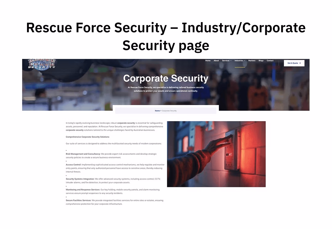 Rescue Force Security corporate security industry page with tailored business security messaging and service breakdown