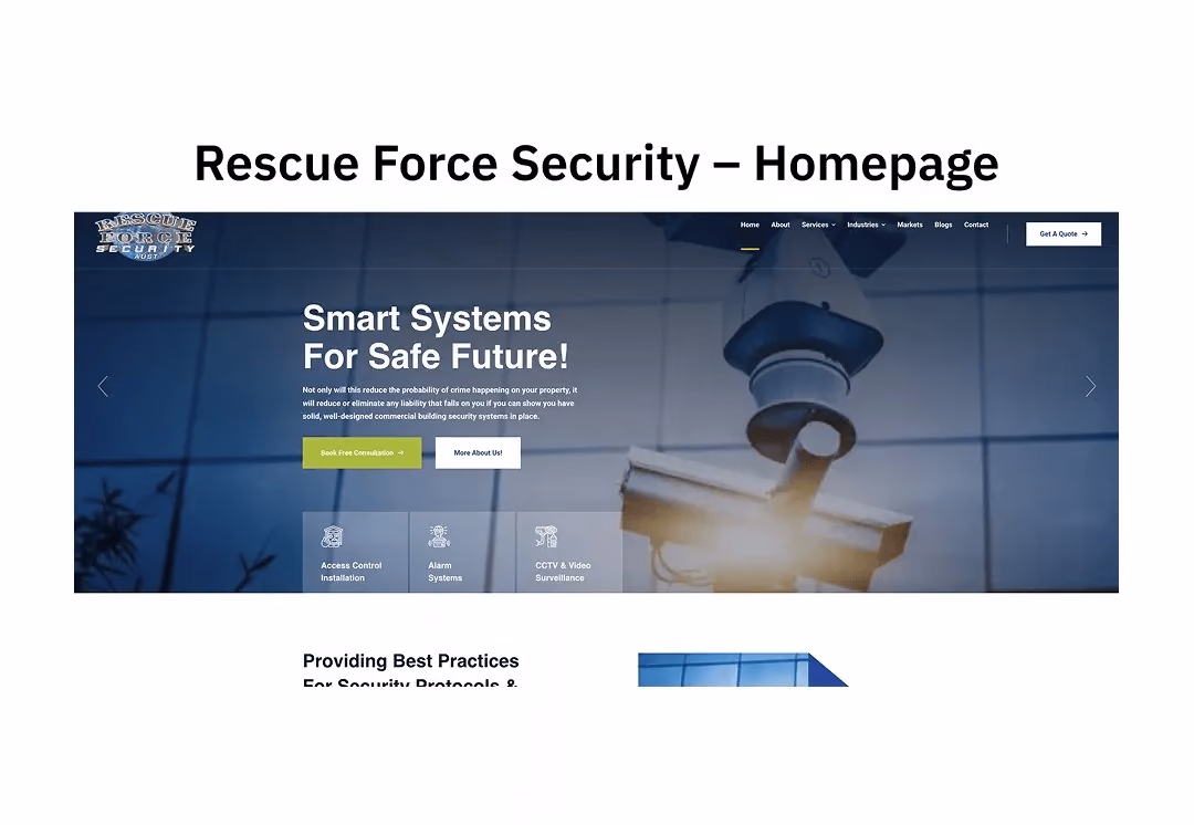 Rescue Force Security redesigned homepage with smart systems for safe future headline CCTV hero image and service category icons