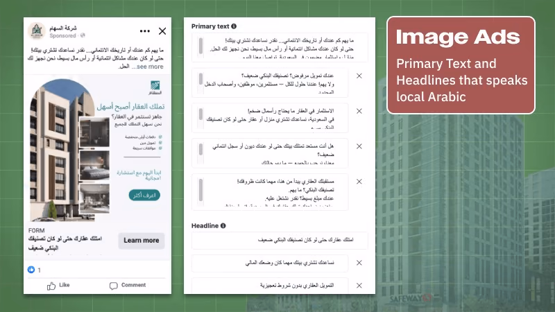 Riyadh Building Arabic primary text and headline variations for property ads