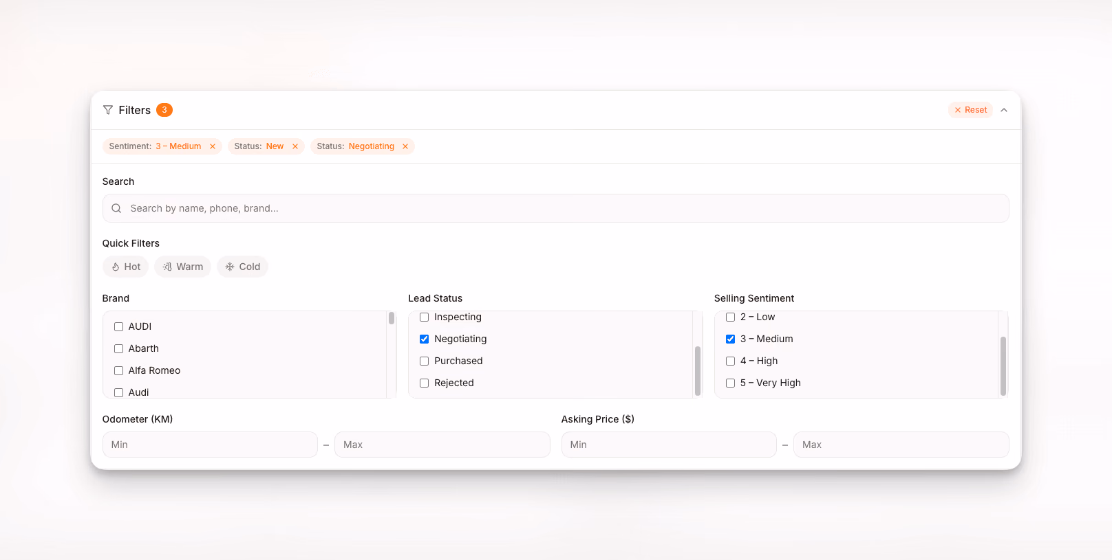 Sell My Car Australia - Advanced filtering system with brand, status, and sentiment filters