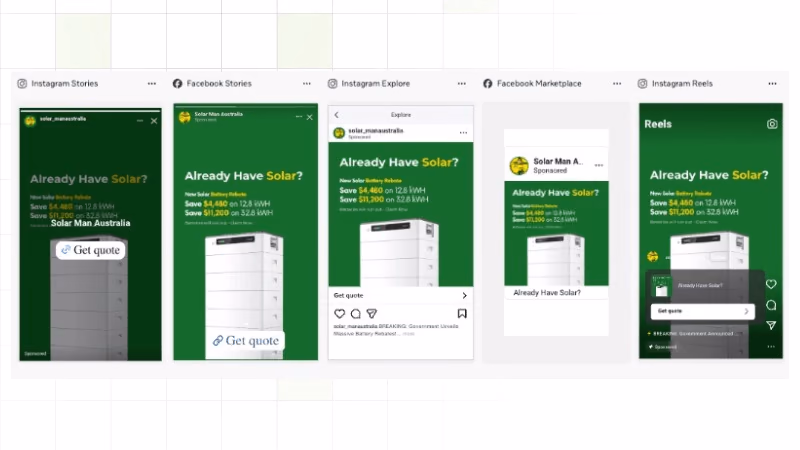Solarman AUS Meta ad creatives across Instagram Stories Facebook Stories Instagram Explore Marketplace and Reels showing solar battery rebate messaging