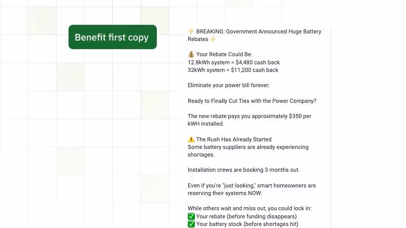 Solarman AUS benefit-first ad copy showing rebate amounts savings breakdown and urgency messaging for solar battery campaign