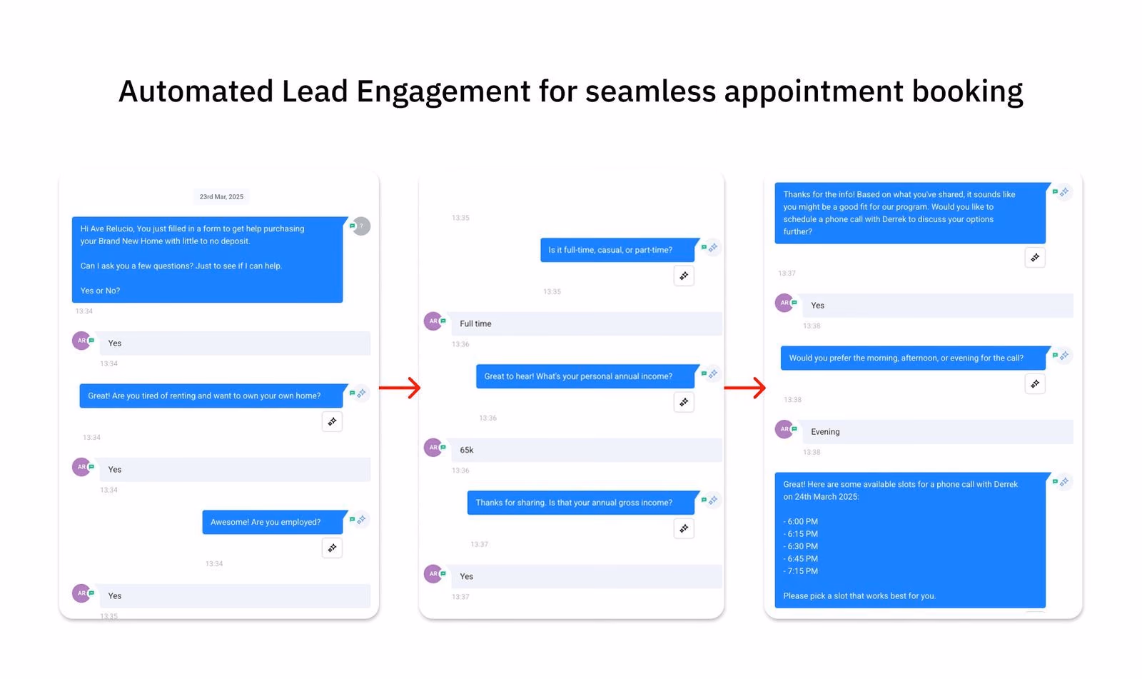 Stop Rent Properties automated lead engagement flow showing AI chatbot qualifying prospects through employment income and scheduling questions for seamless appointment booking