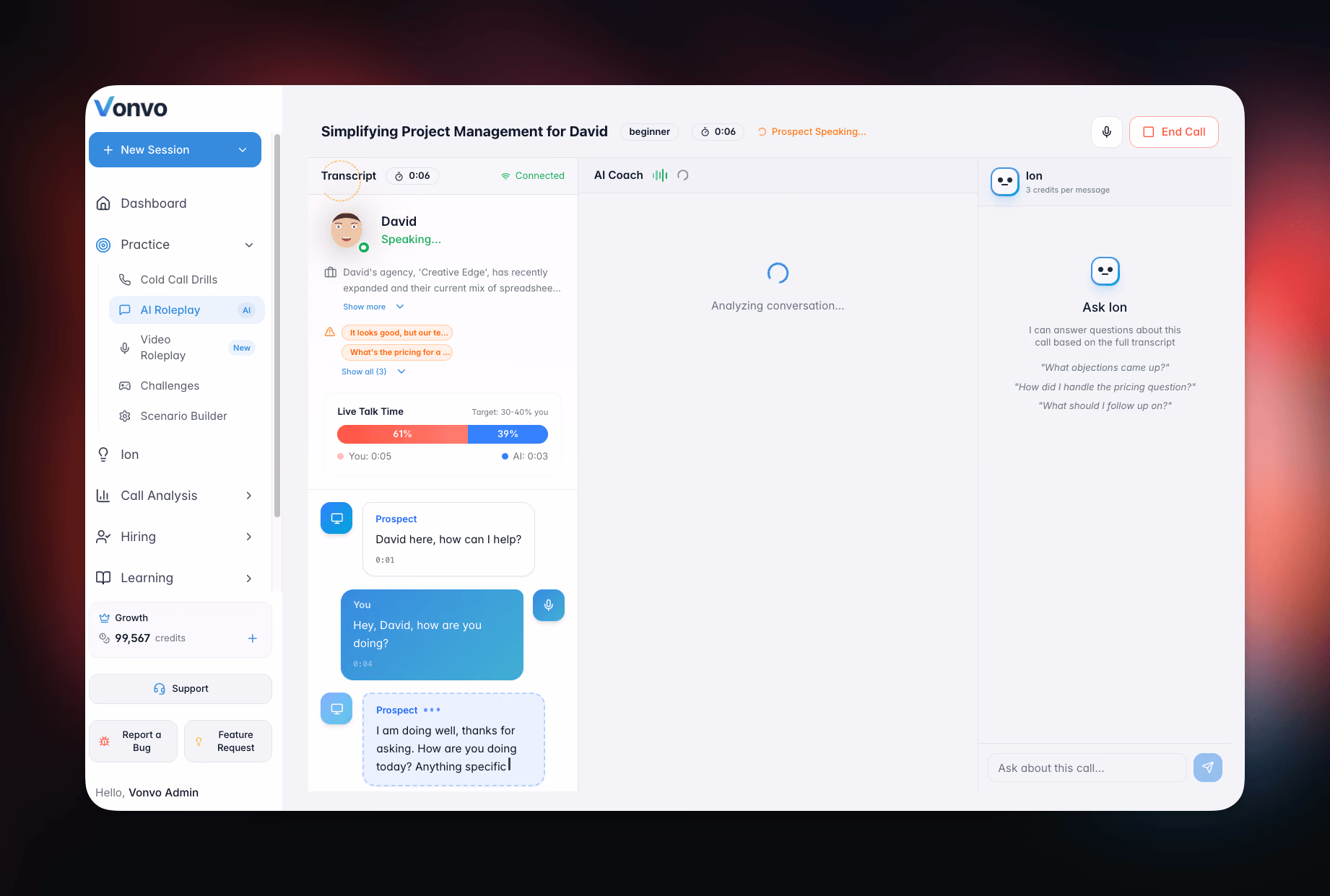 Vonvo.ai live AI sales simulation with real-time transcript and coaching