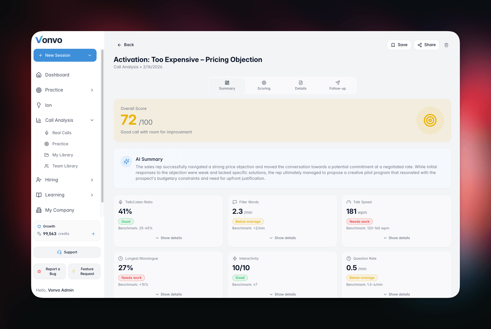 Vonvo.ai AI call analysis dashboard showing performance scoring and metrics