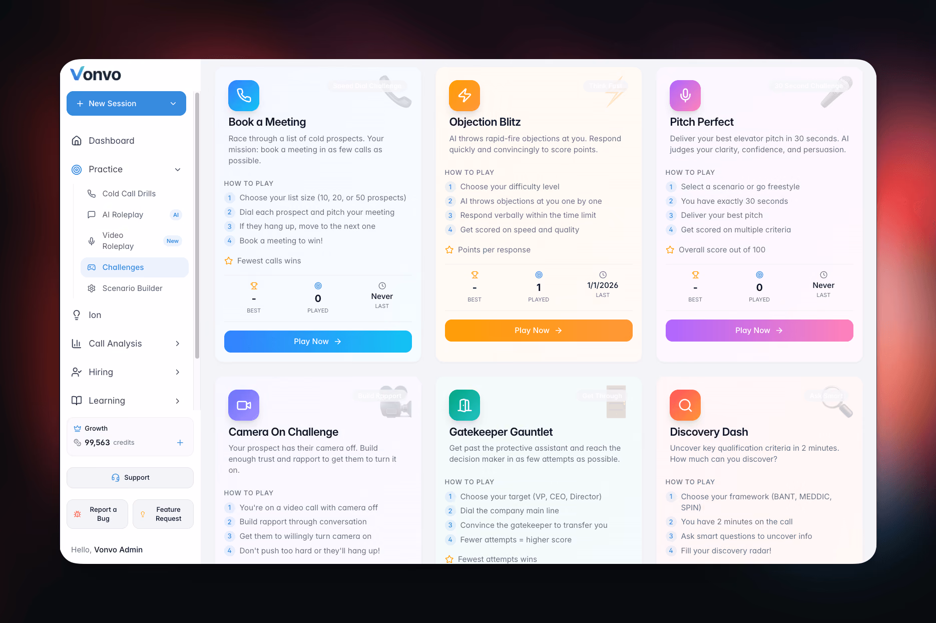 Vonvo.ai gamified sales challenge modes including Book a Meeting, Objection Blitz, and Pitch Perfect