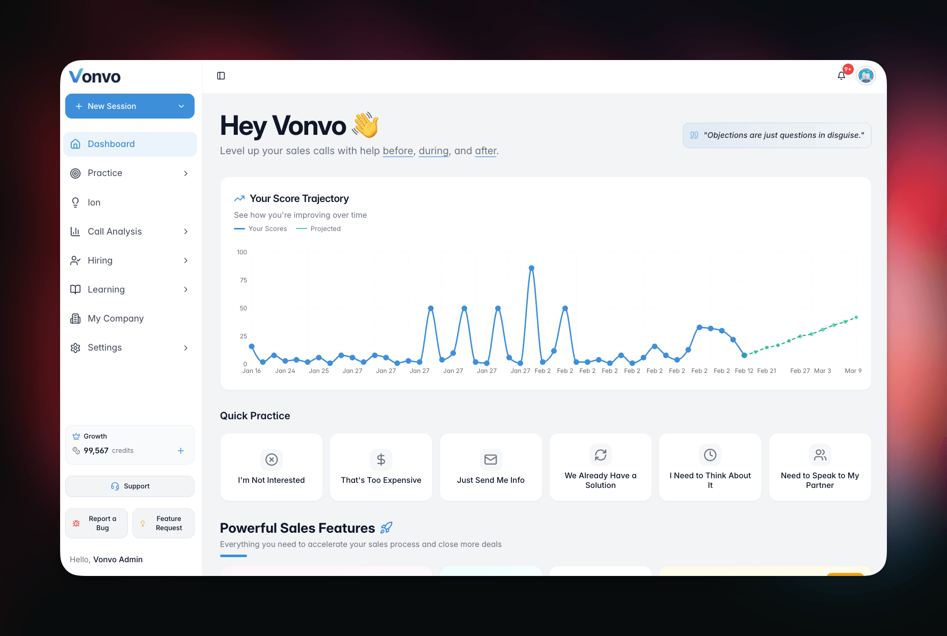 Vonvo.ai dashboard with score trajectory and quick practice objection modules