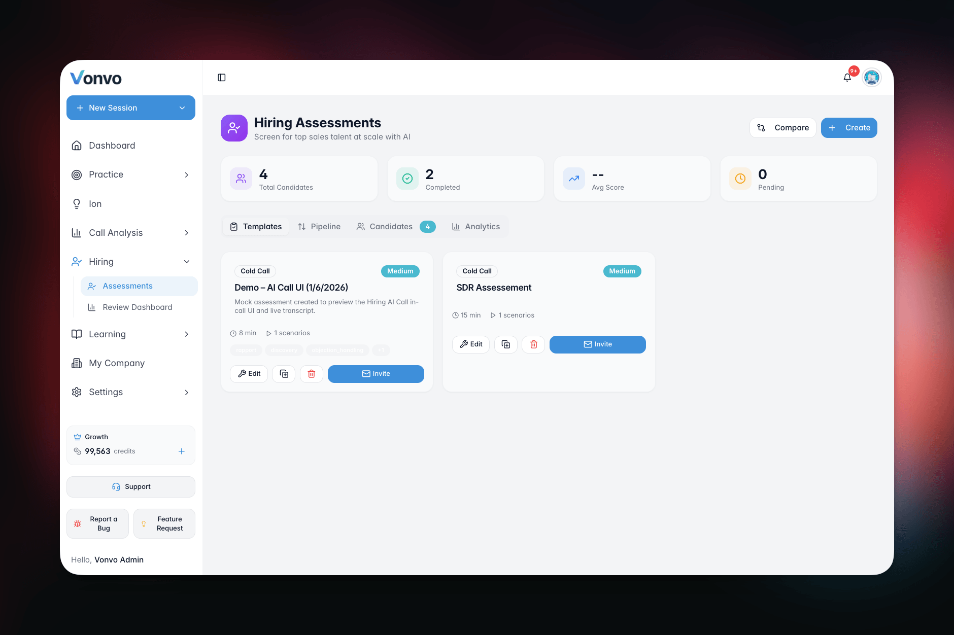 Vonvo.ai hiring assessments dashboard for screening sales candidates with AI
