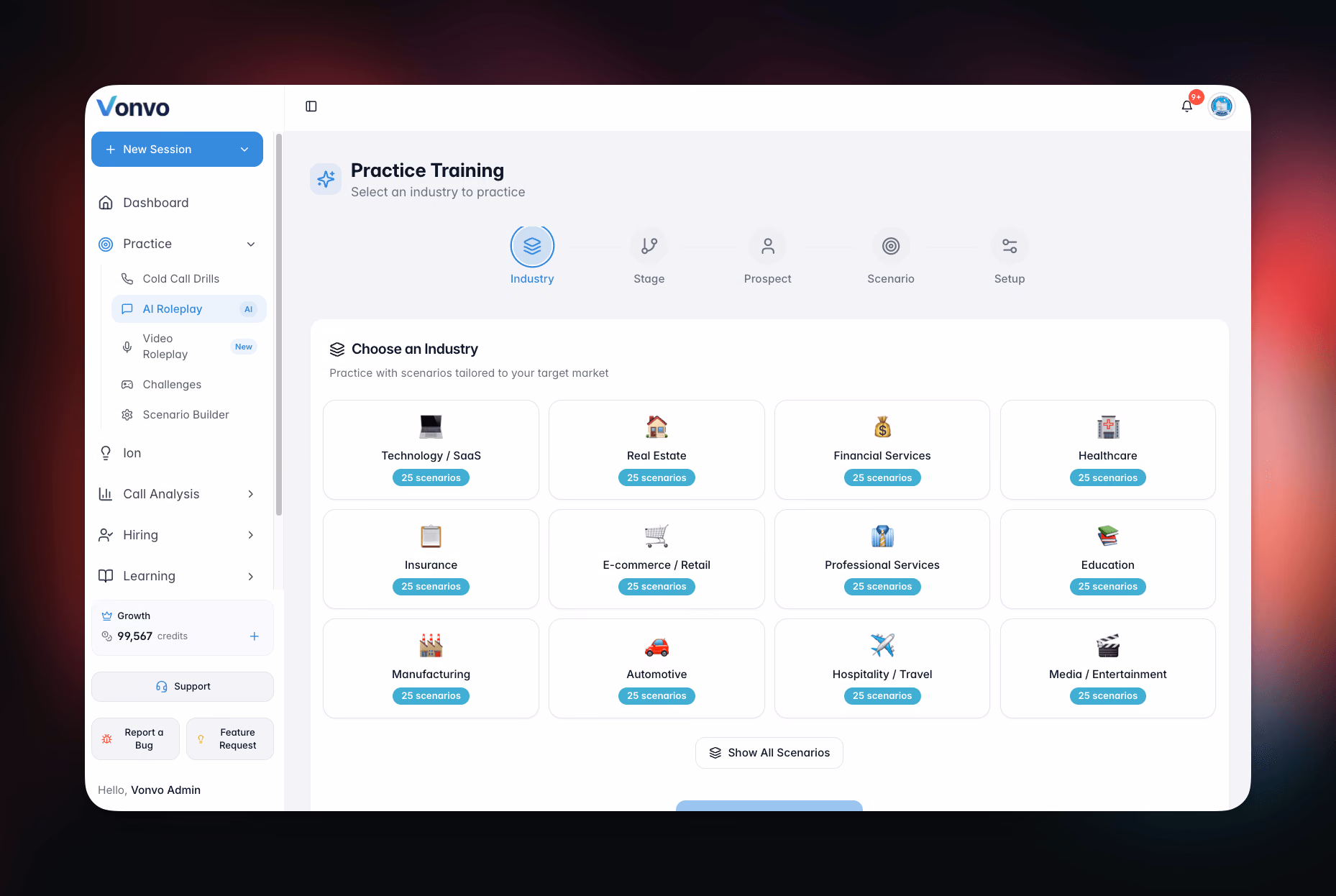 Vonvo.ai practice training interface with industry scenario selection